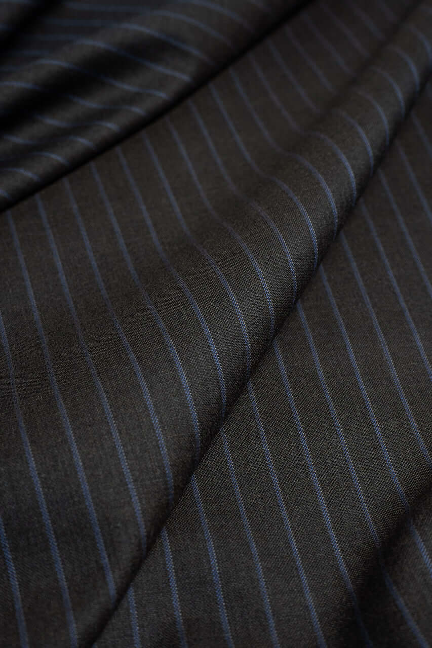 Zegna Traveller Dark Brown Stripe Superfine Australian Wool Suit Fabric showcasing a textured design.