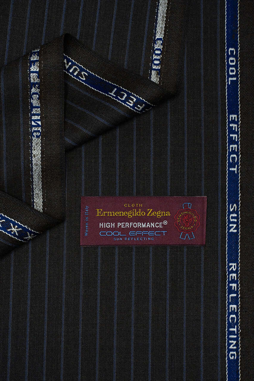 Zegna Traveller dark brown stripe superfine Australian wool suit fabric showing Cool Effect label and design.