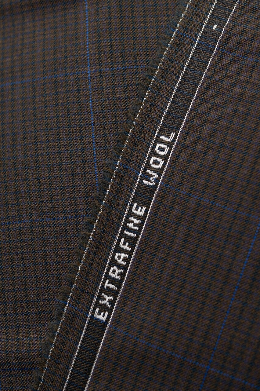 Vintage Suit Fabrics-Mario Zegna V23480 Brown & Blue Windowpane Wool Jacketing-1.9m