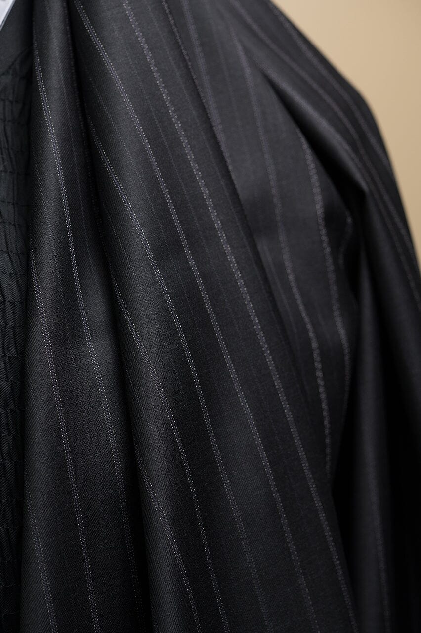 Vintage Suit Fabrics-Marzoni V23348 Maezoni Charcoal Stripe 16.5 Micron Wool Suiting -1.6m